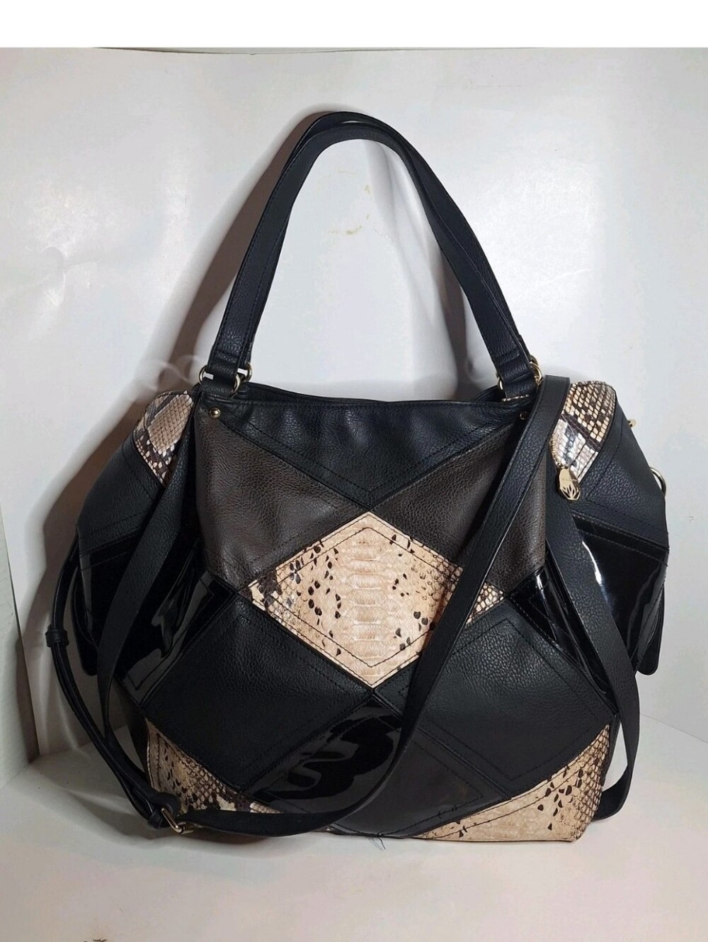 Big Buddha Patchwork XL Bag Faux Leather Matte & Paten Black w Snake Skin Tote